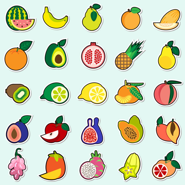 Früchte Sticker auf blauem Hintergrund bunte Symbole Sammlung - Vektor, Bild