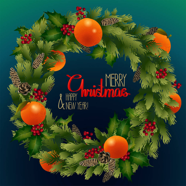 Vánoční věnec jedle s mandarinky a holly - Vektor, obrázek
