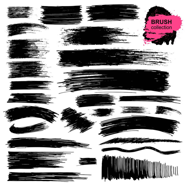 Set of brush strokes text boxes. Paintbrush grunge design elements. Freehand drawing. Painted objects. Dirty texture banners. Ink splatters. Vector illustration. Isolated on white background - Vector, Image