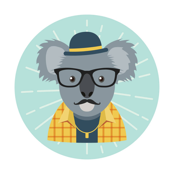 Hipster koala with glasses, mustache, bowler hat and necklace - Vector, Image