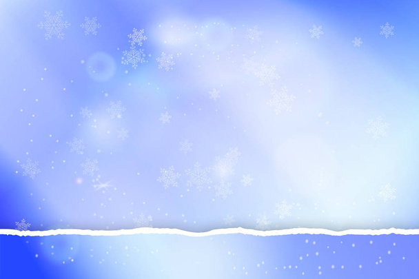 Pastelblauw bokeh achtergrond met met beurt papier rand, sneeuwvlokken en lichteffecten. Vrolijk kerstfeest op Happy New Year banner of koptekst - Vector, afbeelding