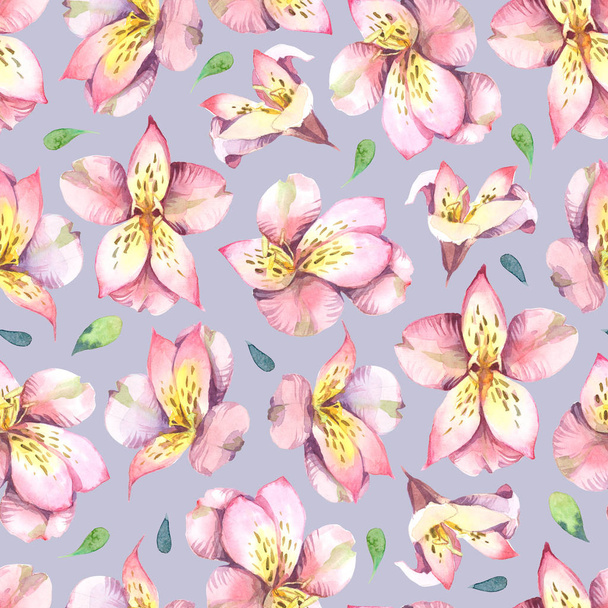 Watercolor seamless pattern of pink flowers on grey background. - Foto, imagen