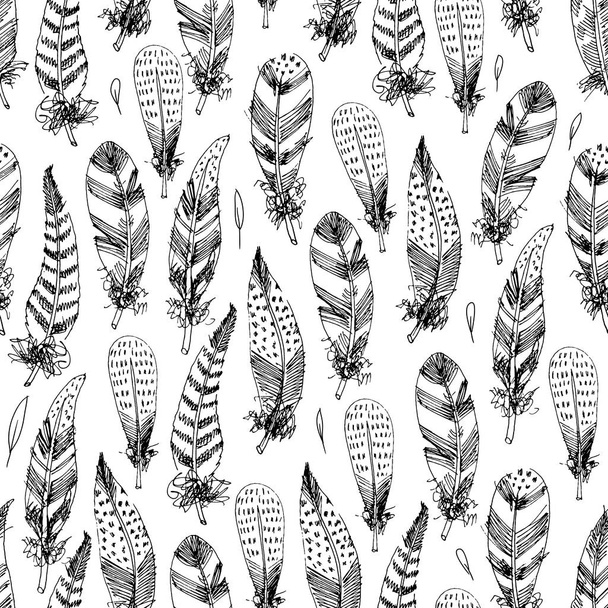 Seamless pattern of hand drawn vector black and white feather - Vektor, Bild