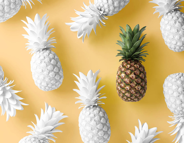 White colored tropical pineapples on vivid yellow background, leadership concept - Photo, Image