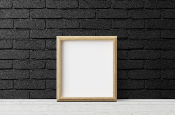 empty wooden photo frame on dark brick wall background   - Photo, Image