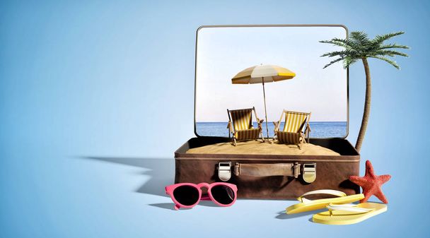 valise avec bord de mer et chaises longues sur la plage de sable, concept de voyage
  - Photo, image