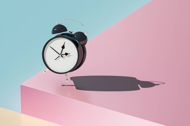 black alarm clock on color geometric background - Photo, Image