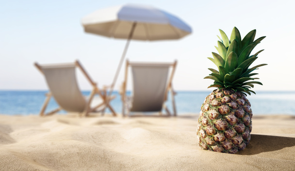 kypsä trooppinen ananas hiekkarannalla, loma käsite
  - Valokuva, kuva