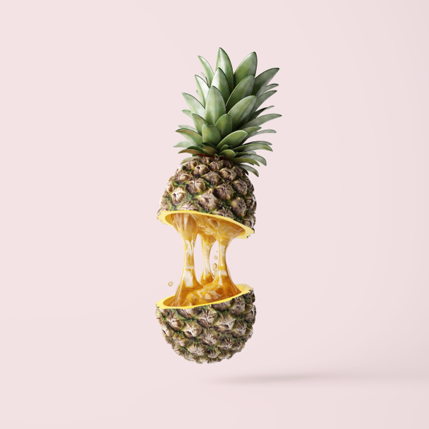 sliced ripe tropical pineapple with juice on pink background  - Photo, Image