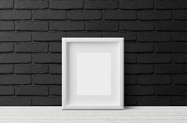 karanlık tuğla duvar arka plan üzerinde boş beyaz fotoğraf çerçevesi   - Fotoğraf, Görsel