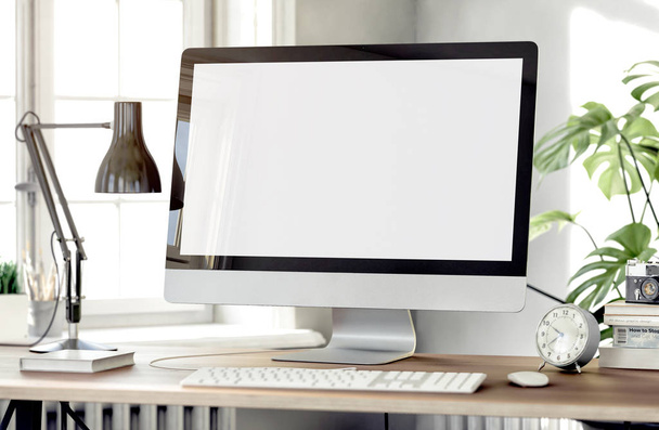 белый пустой экран компьютера с настольной лампой и книгами на рабочем столе
   - Фото, изображение