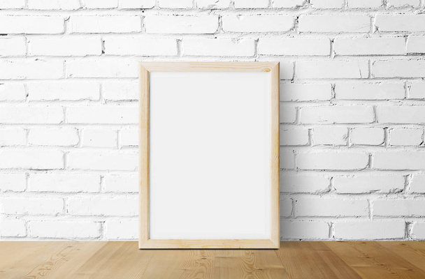 empty wooden photo frame on brick wall background   - Photo, Image