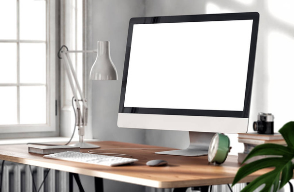 bílé prázdné obrazovce s stolní lampu a knihy na ploše    - Fotografie, Obrázek