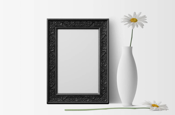 üres képkeret, fehér chamomiles és váza  - Fotó, kép