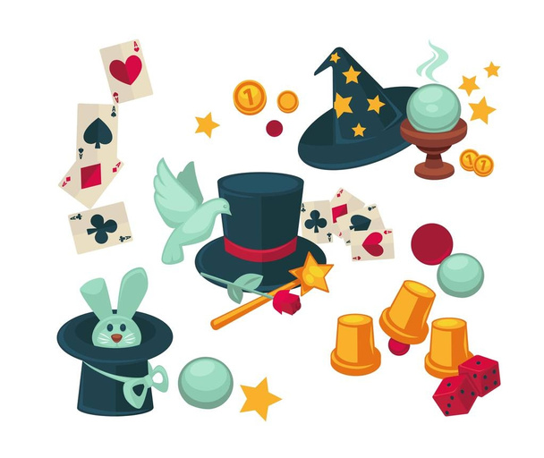 Equipment and trained animals for magic tricks set. Play cards, rabbit in hat, dove with rose, glass ball and paper cups with dice isolated cartoon flat vector illustrations on white background. - ベクター画像
