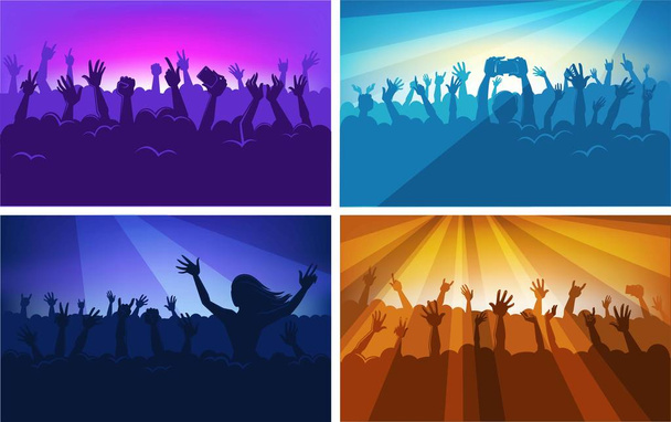 Menschliche Silhouetten in massiver Menschenmenge mit erhobenen Händen, die moderne Geräte in bunten Neonscheinwerfern bei Konzerten mit flachen Vektor-Illustrationen halten. Menschen haben Spaß an Musikdarbietungen. - Vektor, Bild