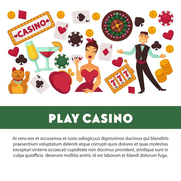 Play casino promotional poster with equipment for gambling, croupier worker and female client. Roulette wheel, slot machine, poker chips, play cards and alcohol drinks vector illustrations set. - ベクター画像