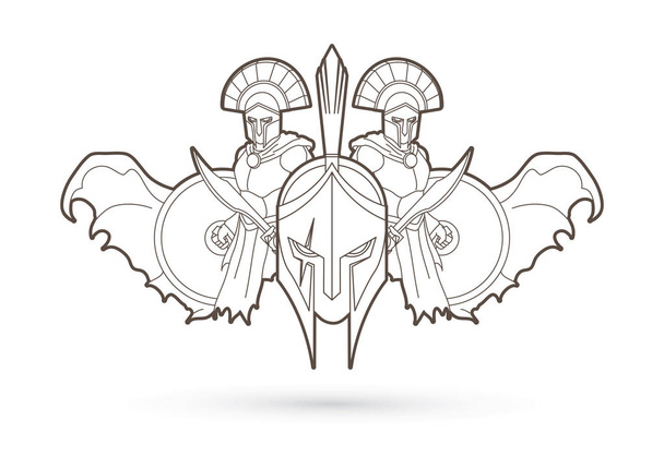 Roman or Greek Helmet , Spartan Helmet, and Angry Warrior composition outline graphic vector - ベクター画像