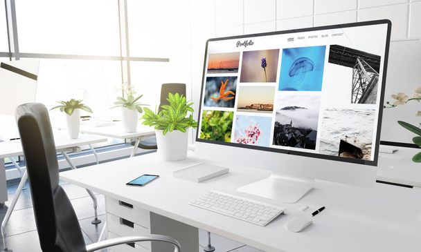 computer with portfolio website design on screen, modern office workplace, 3d rendering  - Foto, imagen