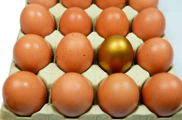 Zlatá vejce v krabici s normální vejce s bílým pozadím izolované - Fotografie, Obrázek