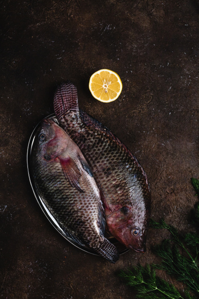 yarım limon ve rezene üzerinde karanlık masa üstü ile vintage plaka üzerinde ham taze balık Üstten Görünüm  - Fotoğraf, Görsel