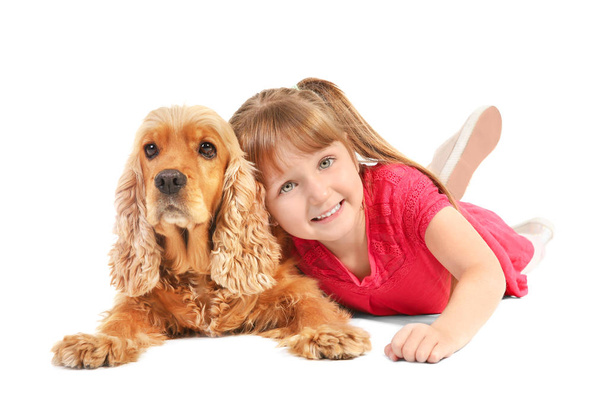 Cute little girl with funny dog on white background - Фото, зображення