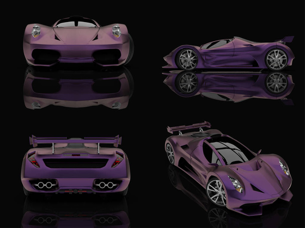 Set purple racing concept car. Image of a car on a black glossy background. 3d rendering. - Photo, Image
