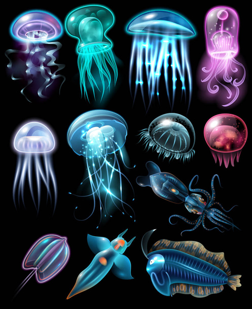 Zestaw ikon podwodnych zwierząt - Wektor, obraz