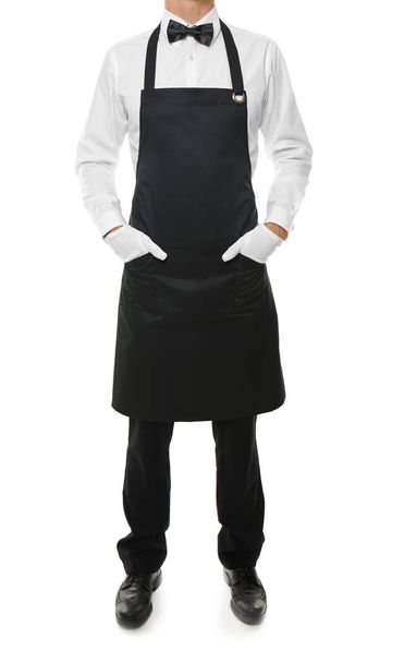 Waiter in black apron on white background - Φωτογραφία, εικόνα