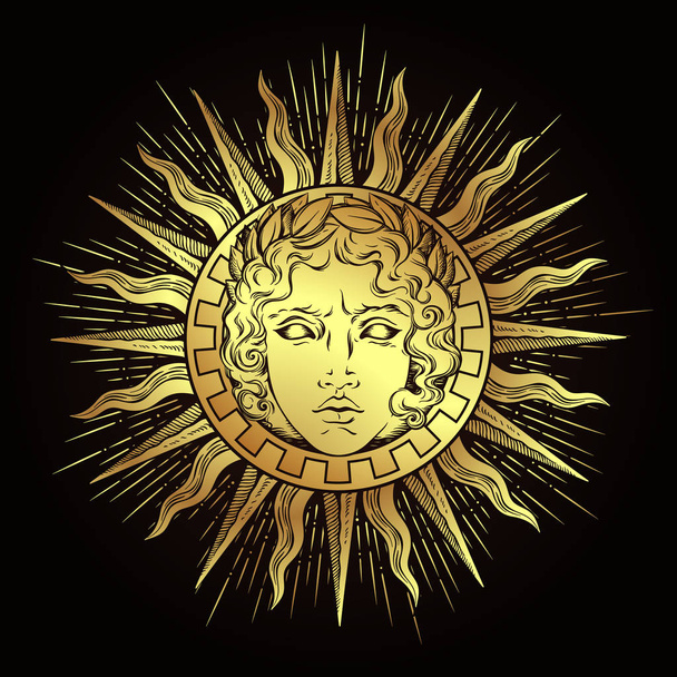 Hand drawn antique style sun with face of the greek and roman god Apollo. Flash tattoo or print design vector illustration - Vector, imagen