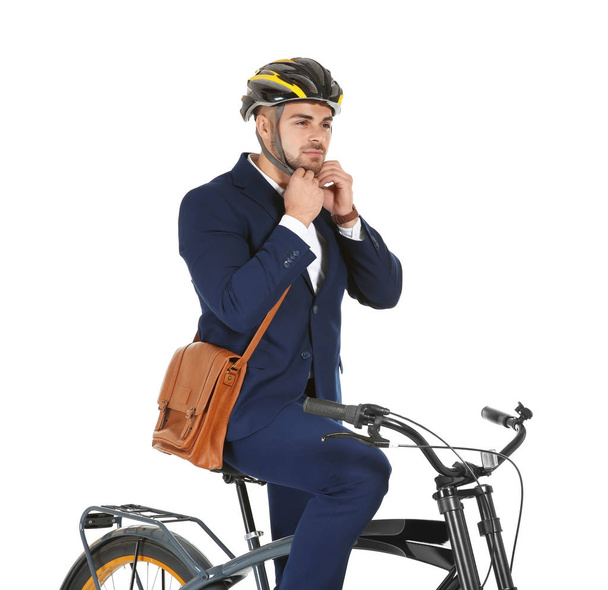 Молодий красивий бізнесмен з велосипедом на білому тлі
 - Фото, зображення