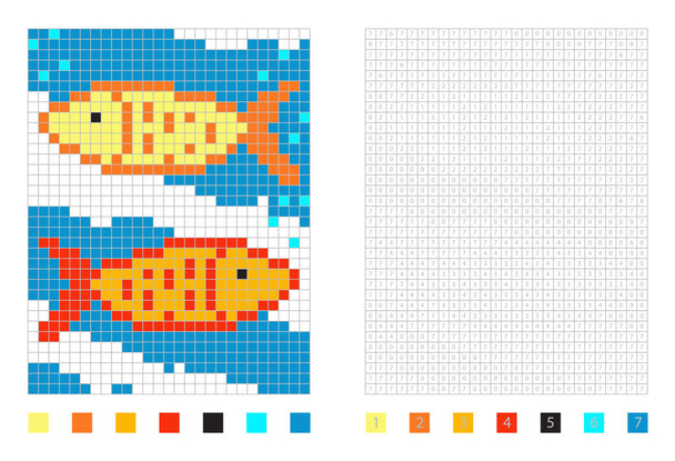 Kreskówka ryb pikseli w kolorowanki z ponumerowanych kwadratach - Wektor, obraz