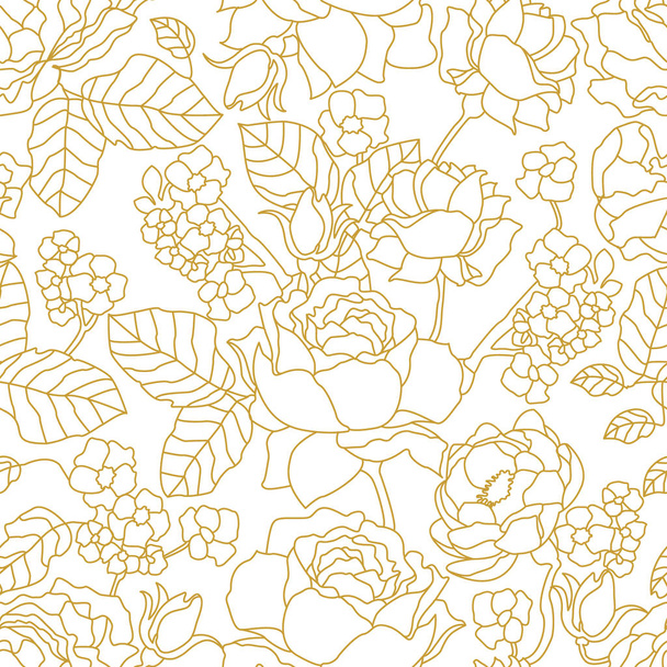 Golden linear pattern with blooming roses, peonies and sakura.  - Vector, Image