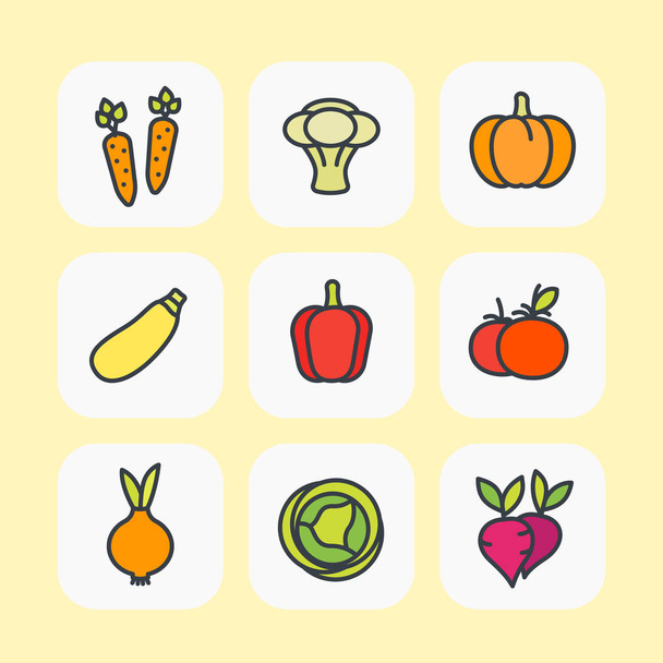 Zelenina ikony set, plochý s obrysem - Vektor, obrázek
