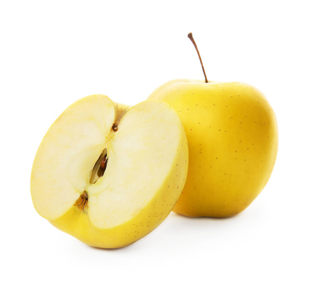 Ripe yellow apples on white background - 写真・画像