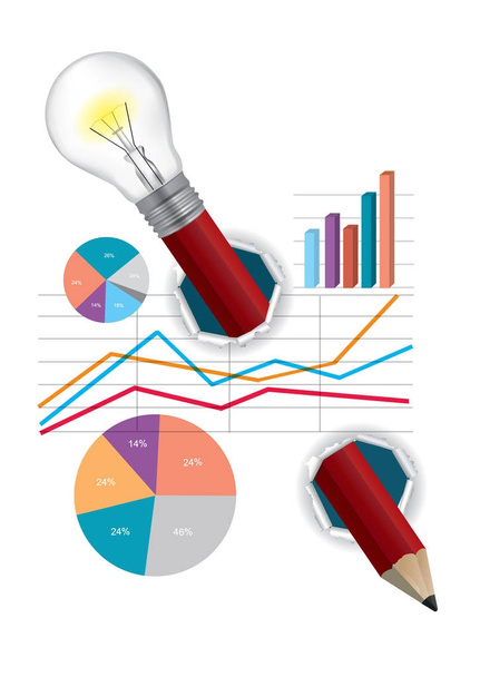 Creative economy solution concept.Red Pencil with light bulb symbolizing creativity with economy charts.Vector available. - Vector, Image