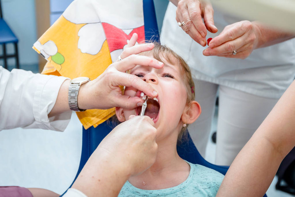 Pelokas suloinen pikkutyttö on hammaslääkärissä maidon uuttamisessa
 - Valokuva, kuva