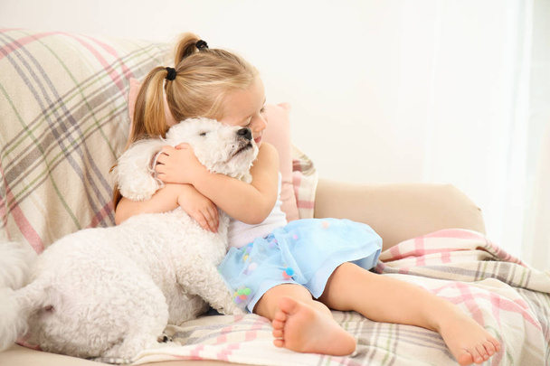 Adorable little girl with her dog at home - Foto, imagen