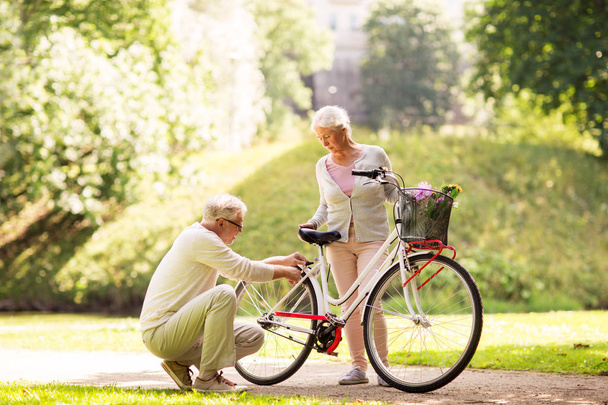 щаслива старша пара з велосипедом в літньому парку
 - Фото, зображення