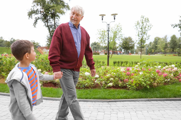 Gelukkig senior man met kleinzoon in park - Foto, afbeelding
