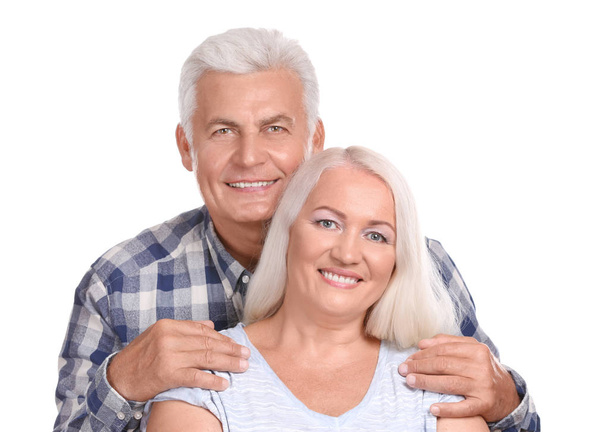 Starsza para szczęśliwy na białym tle - Zdjęcie, obraz
