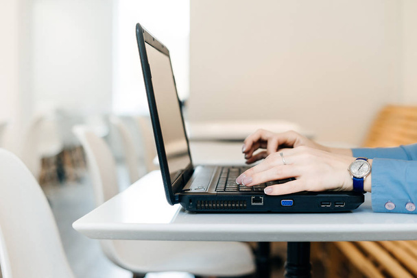 girl freelancer in blue shirt working on laptop sitting in cafe - Foto, imagen