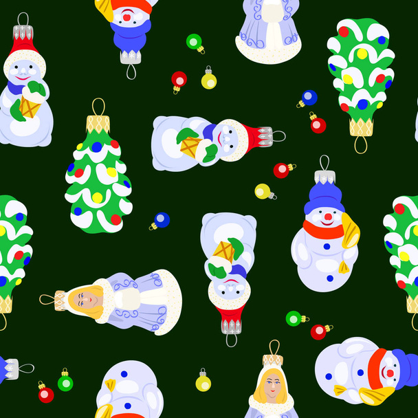 Vector illustration of christmas tree toys on dark background seamless pattern - Vector, Image