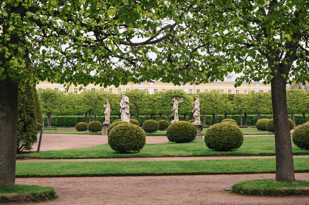 Sculptures and green park with pathways in Petergof - Photo, Image