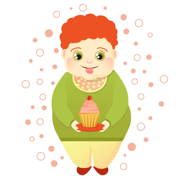 Ένα λίπος αγόρι κοκκινομάλλα κατέχει μια τούρτα και γλείφει τον εαυτό του. Cool ντεκολτέ σε σχήμα καρδιάς ή λάτρης των γλυκών. Χαριτωμένο λαίμαργος - Διάνυσμα, εικόνα