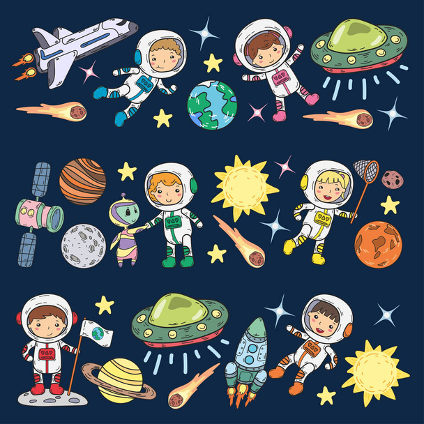 Space Kindergarten, school Astronomy lesson Children, doodle kids illustration Ufo, alien, Moon surface, Earth, Jupiter, Saturn, Mars Vector icons - Vector, Image