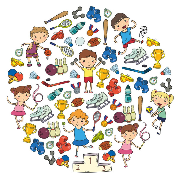 Boys and girls playing sports illustration Fitness, football, soccer, yoga, tennis, basketball, hockey, volleyball - Vector, Image