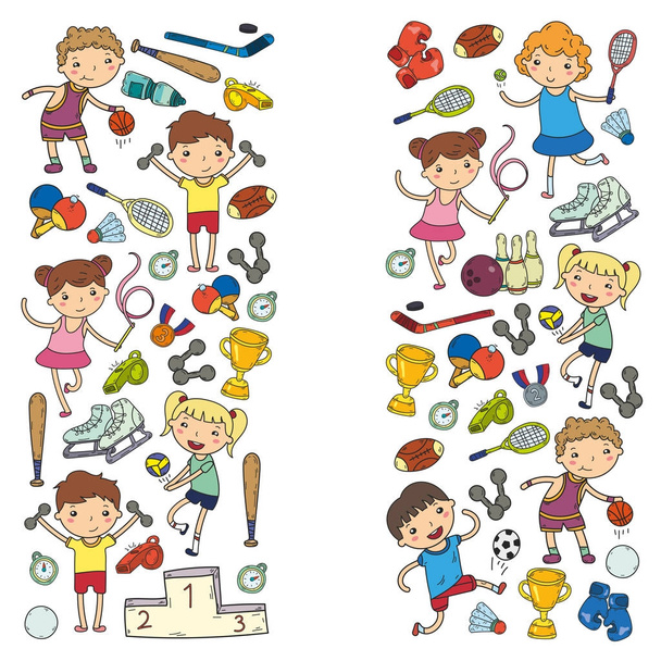 Niños y niñas jugando deportes ilustración Fitness, fútbol, fútbol, yoga, tenis, baloncesto, hockey, voleibol
 - Vector, Imagen