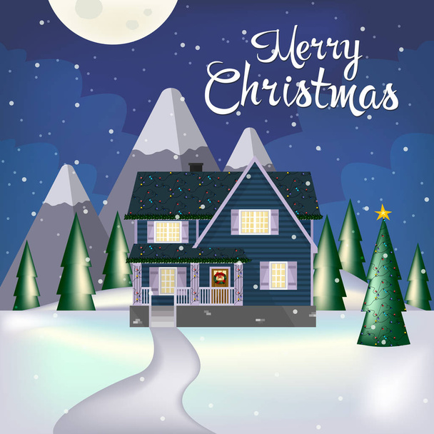 Winter landscape with house, mountains, evergreen trees. Vector illustration. Merry christmas and Happy New Year card with cottage. Cozy chalet - ベクター画像