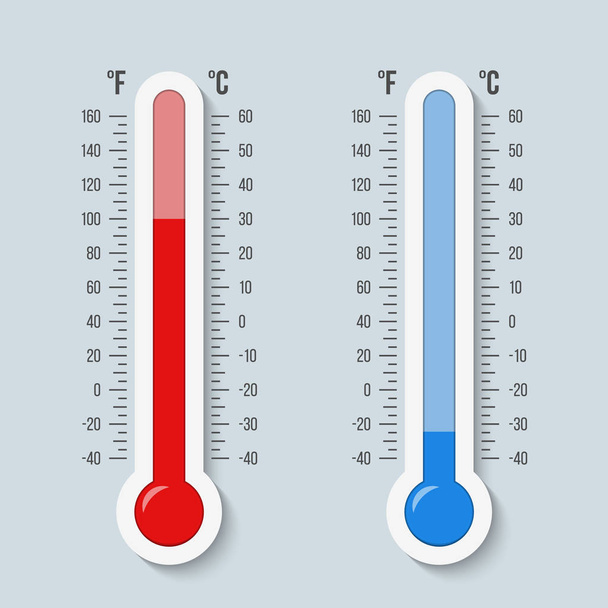 Creative vector illustration of celsius, fahrenheit meteorology thermometers scale isolated on background. Heat, hot, cold signs. Art design equipment. Weather temperature. Abstract concept graphic. - Vector, Image